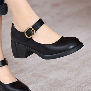 Black Leather Mary Jane Heels Velcro - 8.5 New in Box